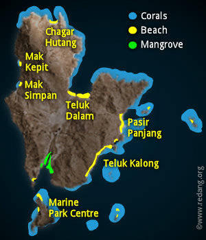 distribution of corals, mangroves and beaches